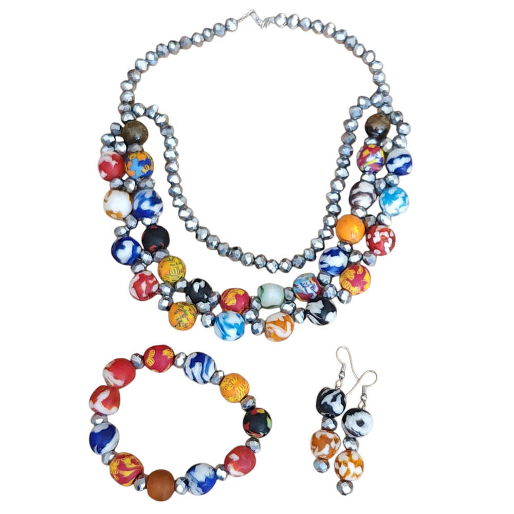 set of 3 AFRICAN handmade trade bead choker statement necklace bracelet earrings